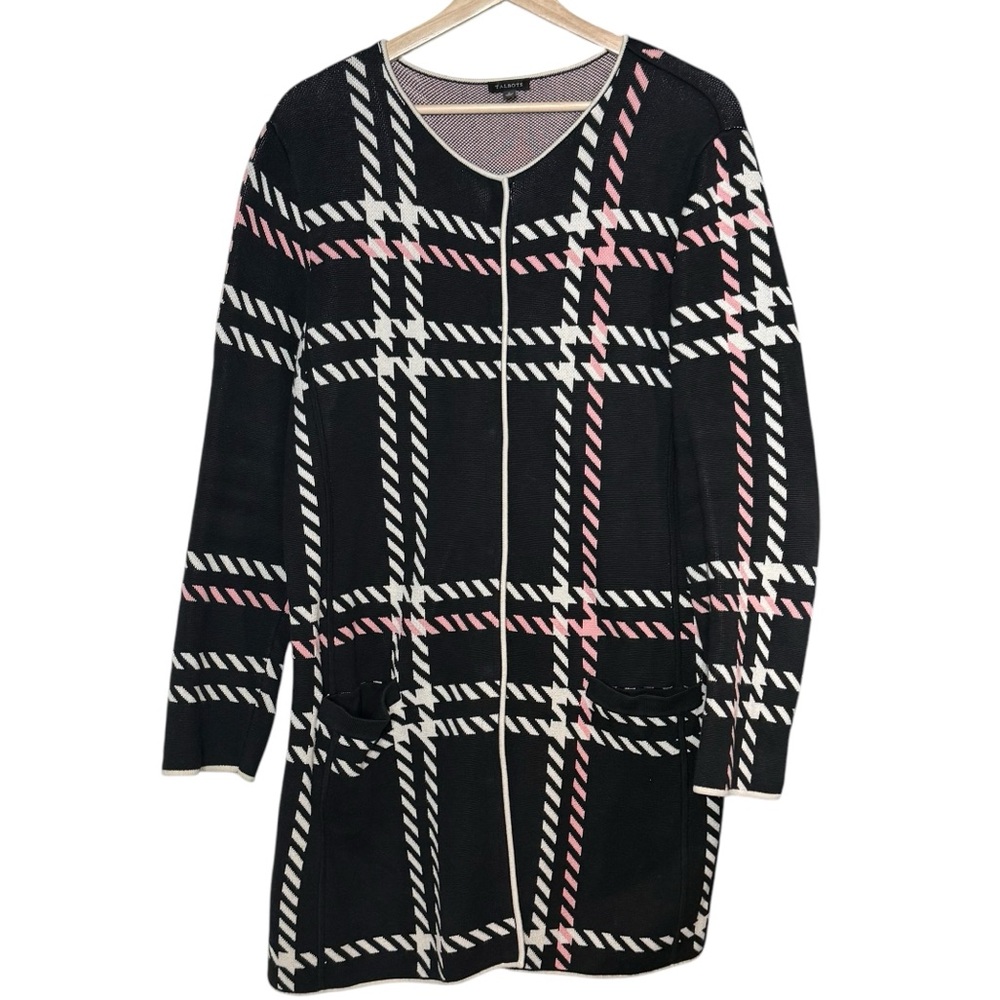 Talbots Checkered Plaid Knit Coatigan Long Knit Sweater Coat Size L Snap Close